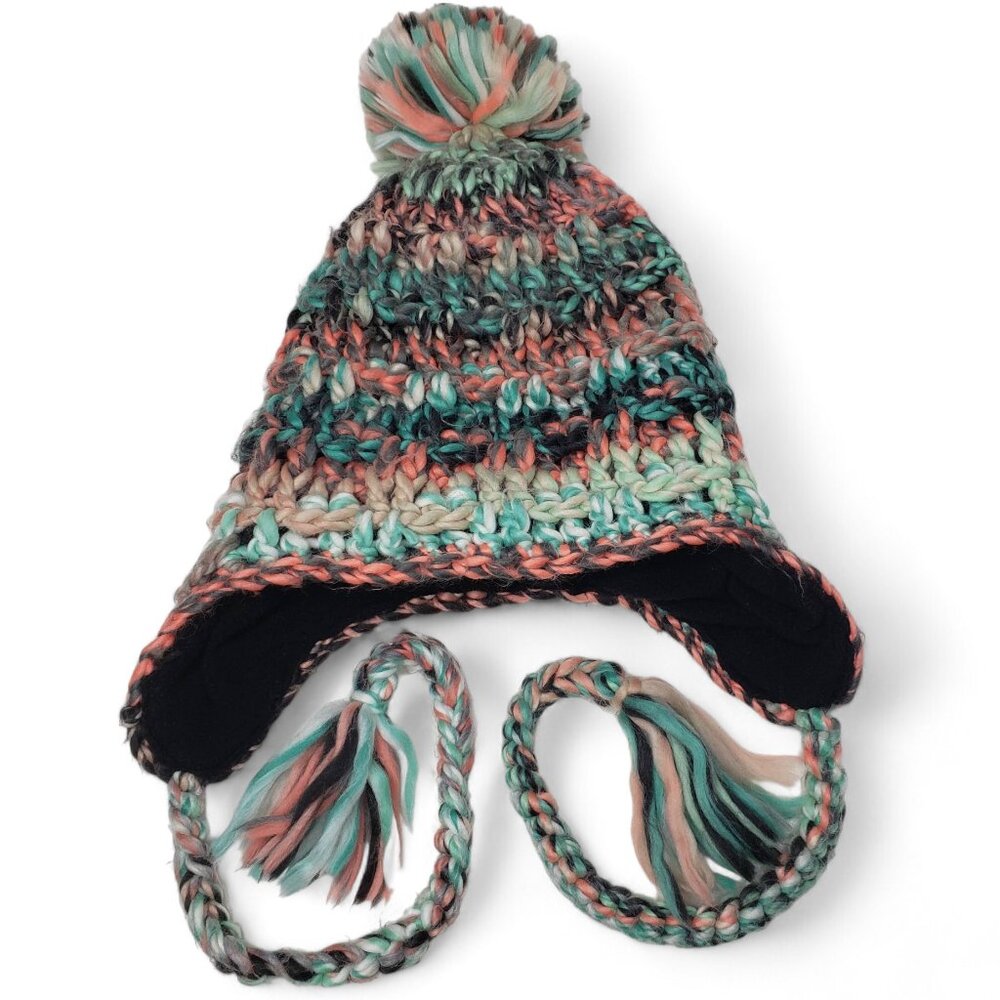 Empyre Chunky Knit Beanie Women's Chin Tie Boho Pom Top Fleece Lined S
